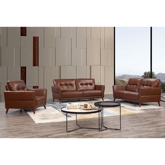 Read more about Celina leather sofa suite in saddle with hardwood tapered legs