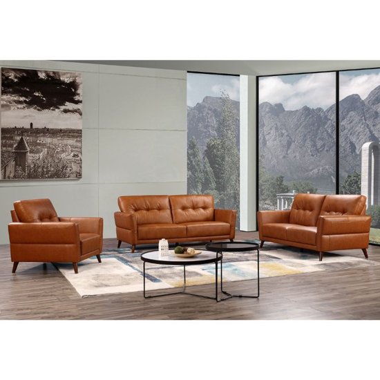 Read more about Celina leather sofa suite in tan with hardwood tapered legs