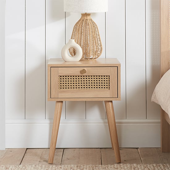 Photo of Coralie wooden bedside cabinet with 1 drawer in oak