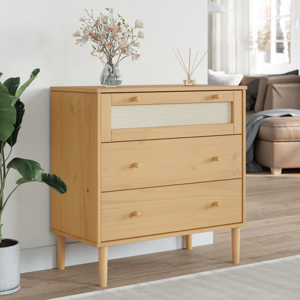 Product photograph of Celle Pinewood Chest Of 3 Drawers In Brown from Furniture in Fashion