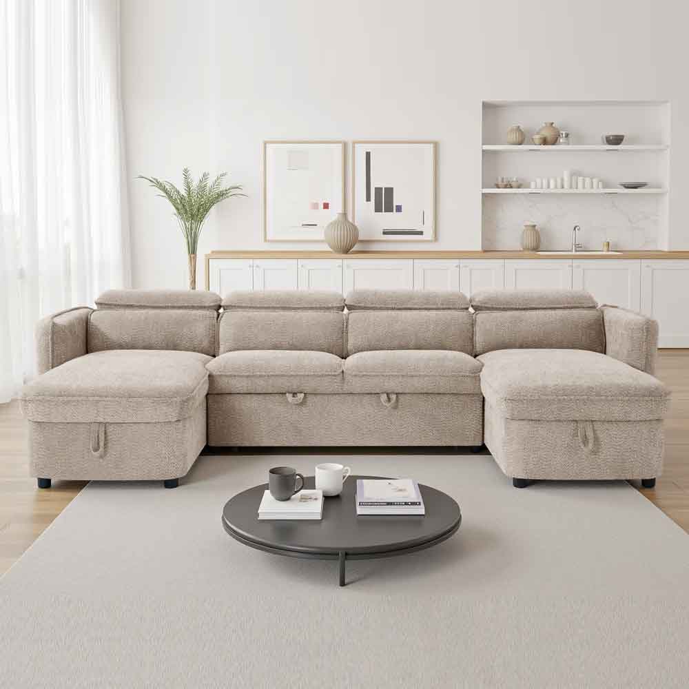 Celmora Fabric U Shape Corner Sofabed in Beige