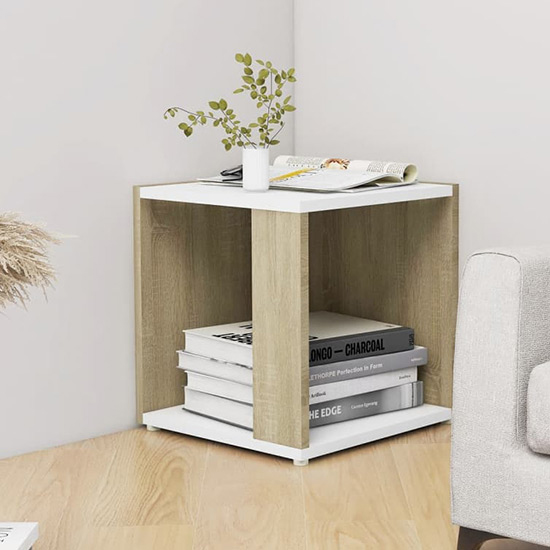 Celous Square Wooden Side Table In White And Sonoma Oak_1