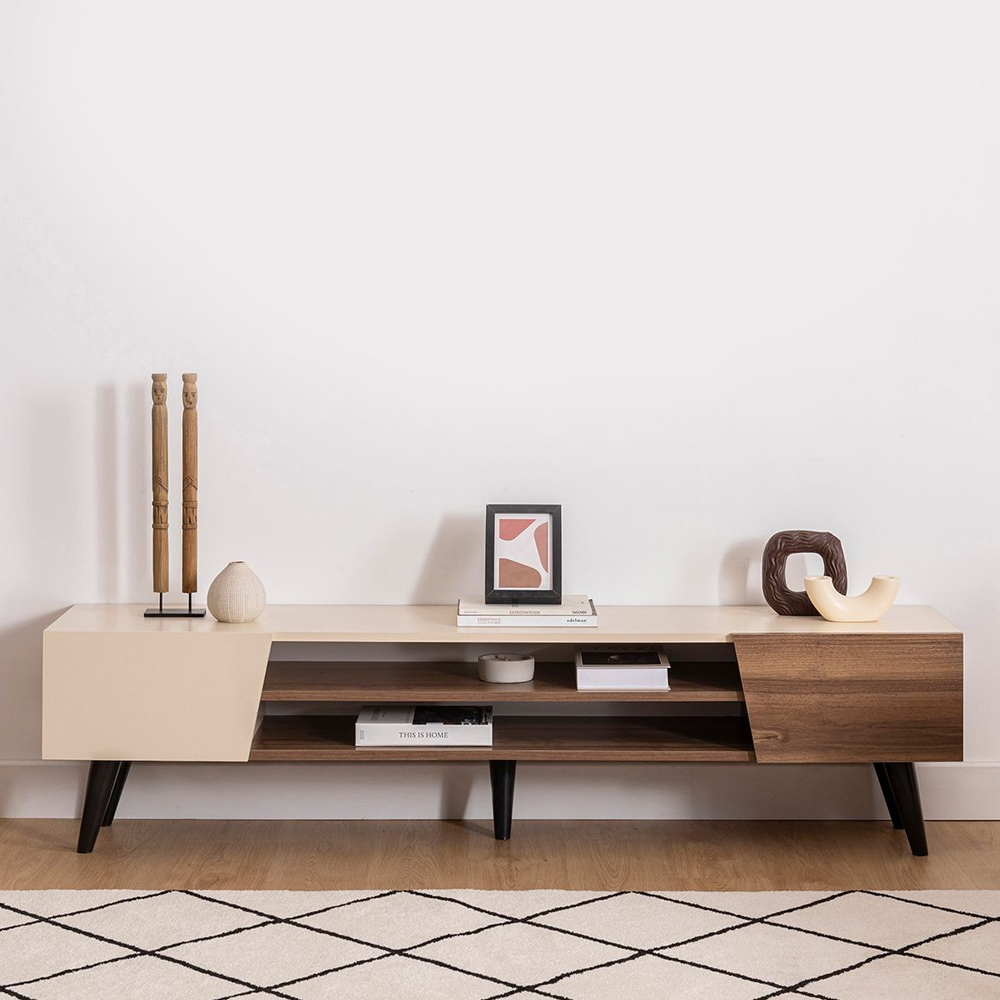 Celyan Wooden TV Stand With 2 Shelves In Walnut And Beige