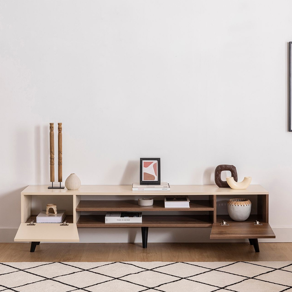 Celyan Wooden TV Stand With 2 Shelves In Walnut And Beige