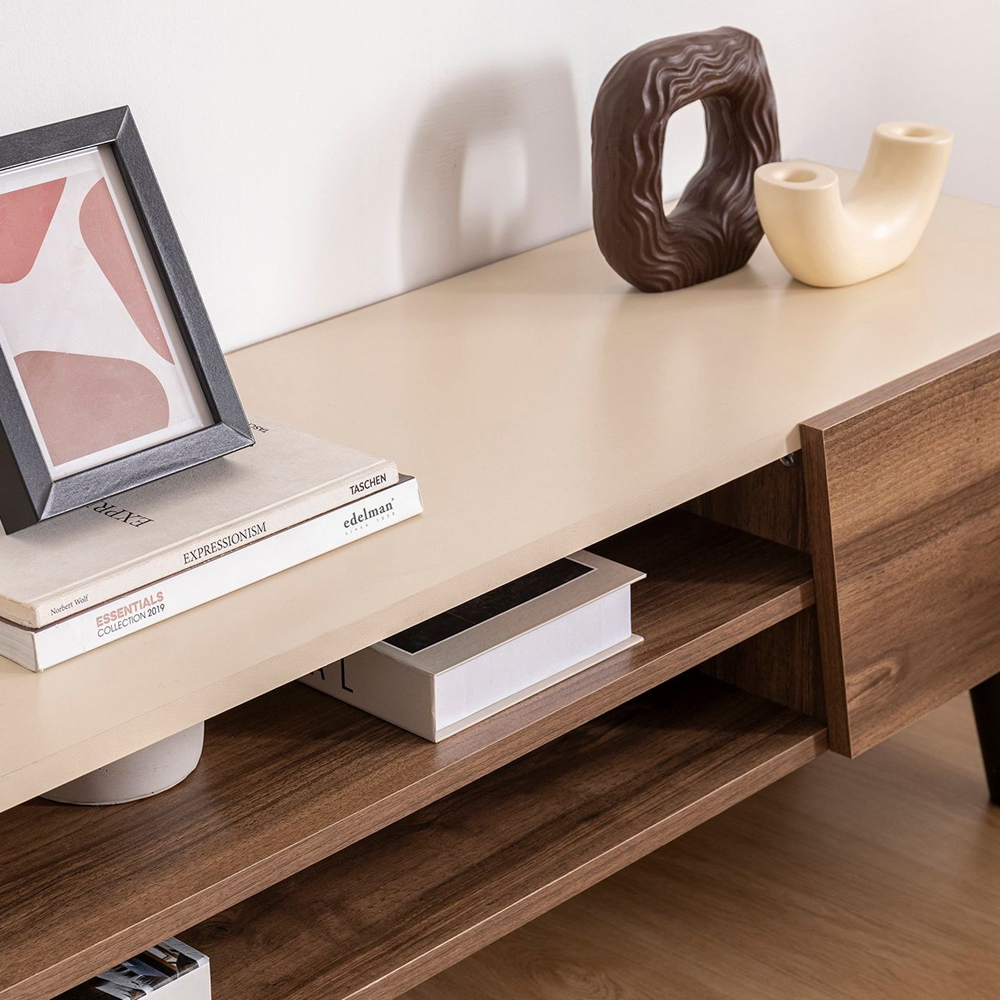 Celyan Wooden TV Stand With 2 Shelves In Walnut And Beige