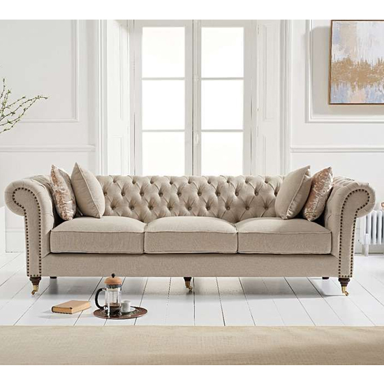 Holbrook Chesterfield Fabric 3 Seater Sofa In Cream