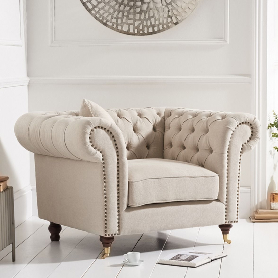 Holbrook Chesterfield Fabric Armchair In Cream