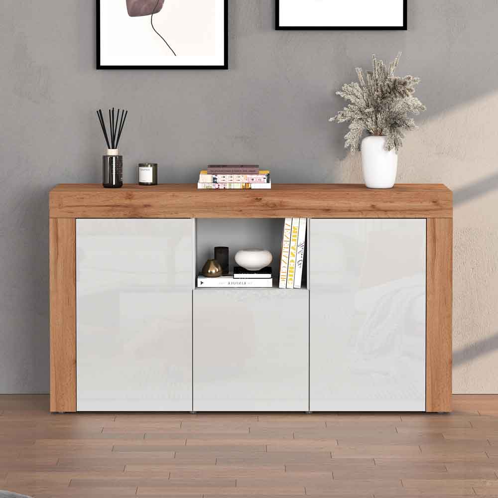 Centennial High Gloss Storage Cabinet With 3 Doors In White And Wotan Oak