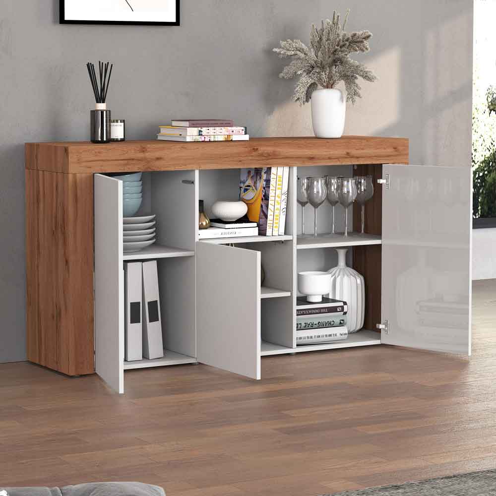 Centennial High Gloss Storage Cabinet With 3 Doors In White And Wotan Oak