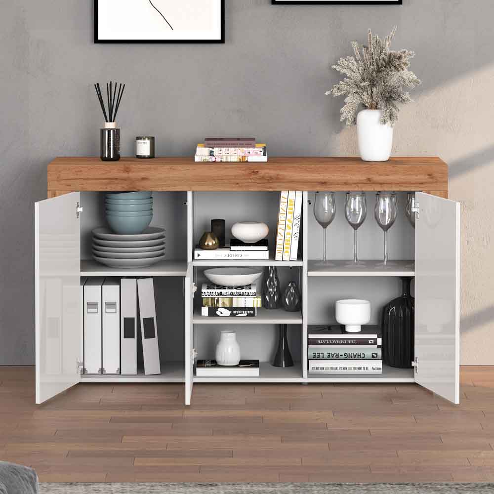 Centennial High Gloss Storage Cabinet With 3 Doors In White And Wotan Oak