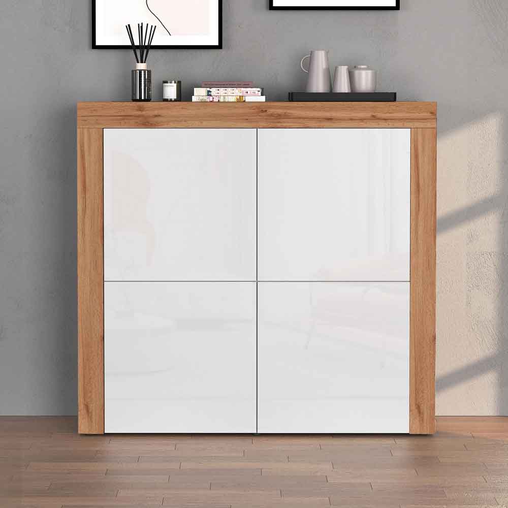 Centennial Small Wooden Storage Cabinet With Glossy White 4 Doors In Wotan Oak