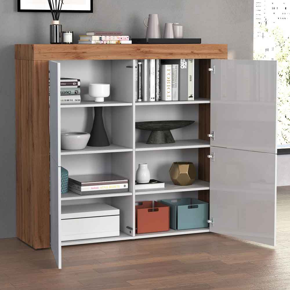 Centennial Small Wooden Storage Cabinet With Glossy White 4 Doors In Wotan Oak