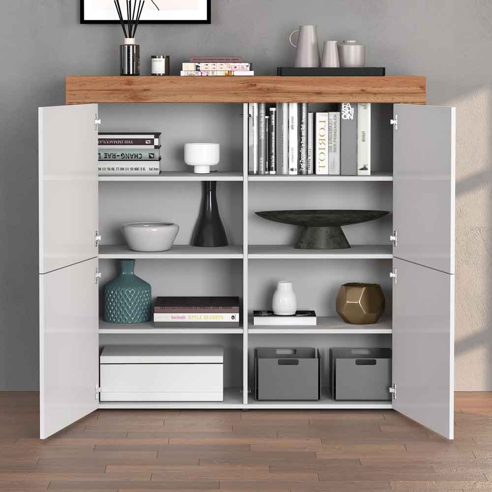 Centennial Small Wooden Storage Cabinet With Glossy White 4 Doors In Wotan Oak