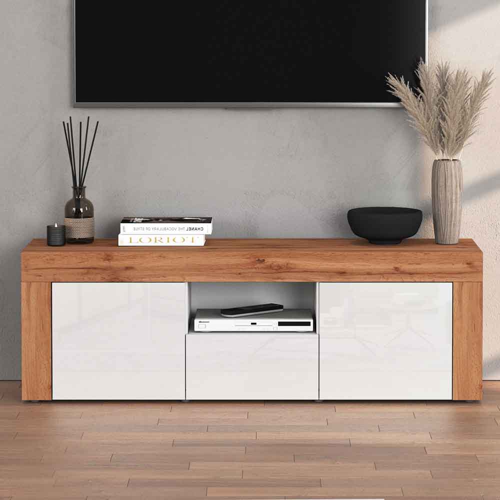 Centennial High Gloss TV Stand With 2 Doors 1 Drawer In White And Oak