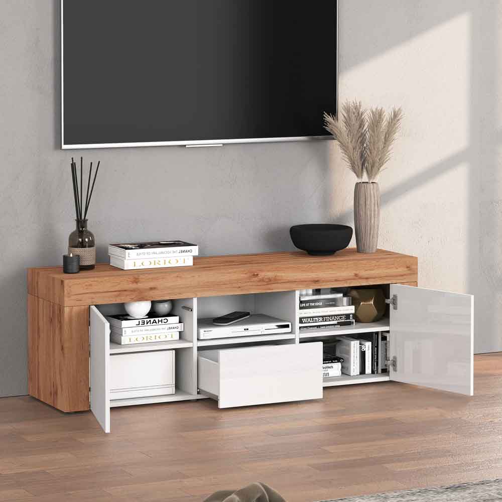 Centennial High Gloss TV Stand With 2 Doors 1 Drawer In White And Oak