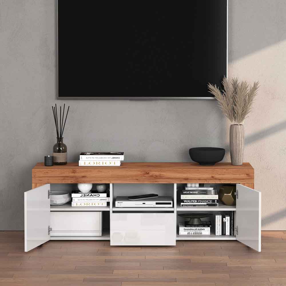 Centennial High Gloss TV Stand With 2 Doors 1 Drawer In White And Oak
