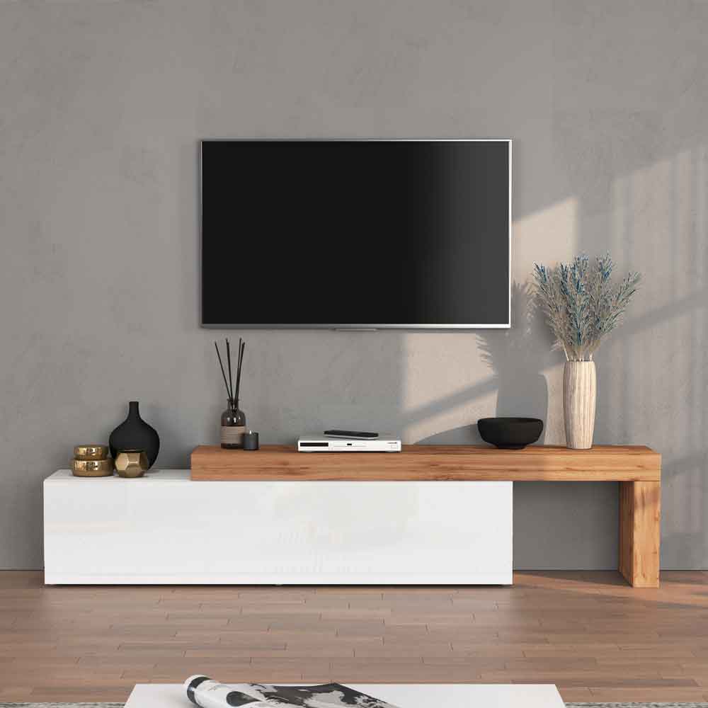 Centennial Large High Gloss Adjustable TV Stand With 1 Flap Door In White And Wotan Oak