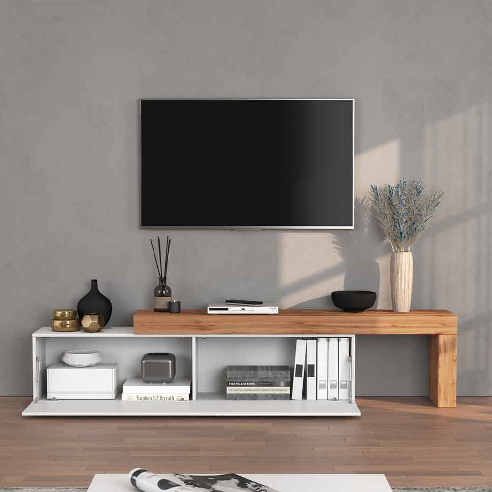 Centennial Large High Gloss Adjustable TV Stand With 1 Flap Door In White And Wotan Oak