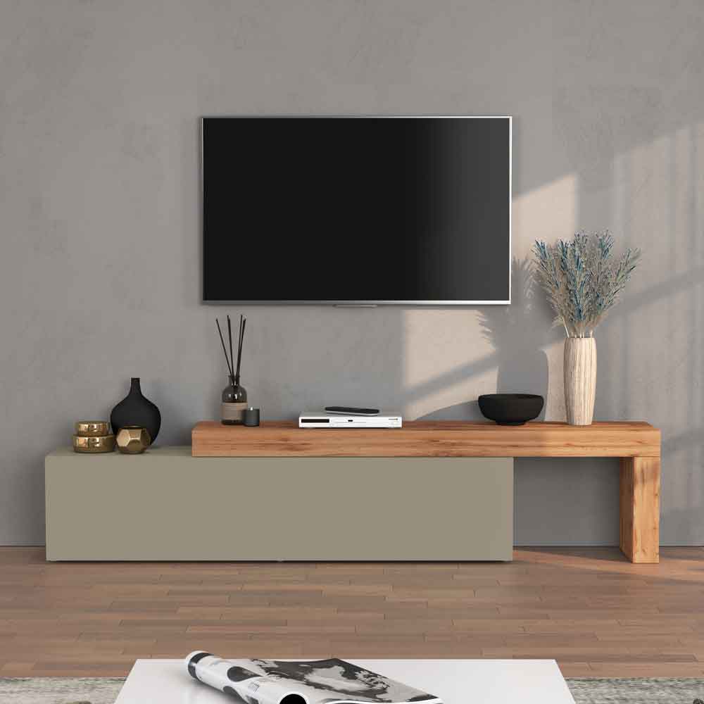 Centennial Large Wooden Adjustable TV Stand With 1 Flap Door In Taupe And Wotan Oak