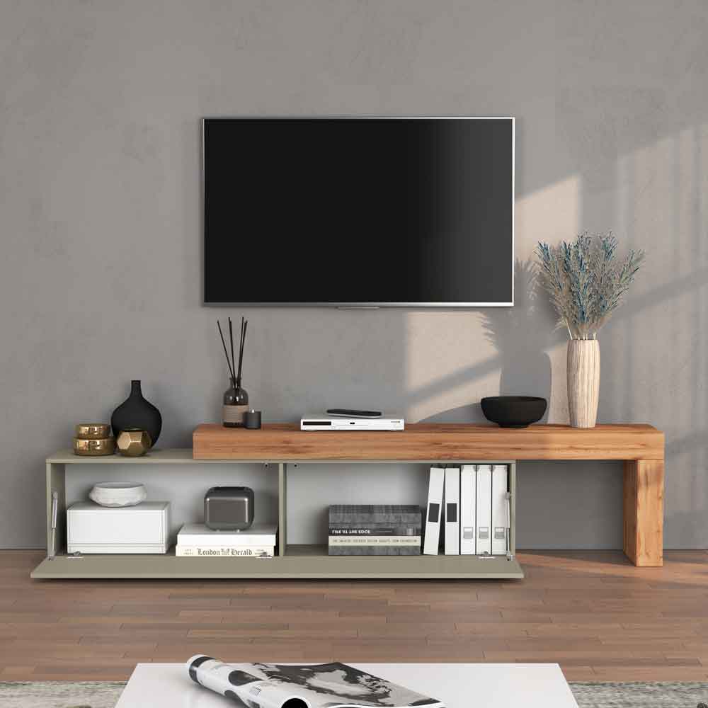 Centennial Large Wooden Adjustable TV Stand With 1 Flap Door In Taupe And Wotan Oak