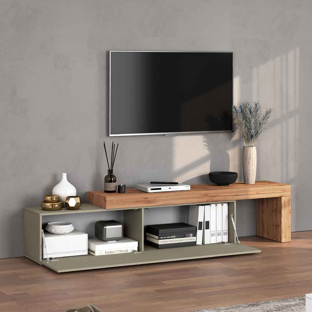 Centennial Large Wooden Adjustable TV Stand With 1 Flap Door In Taupe And Wotan Oak