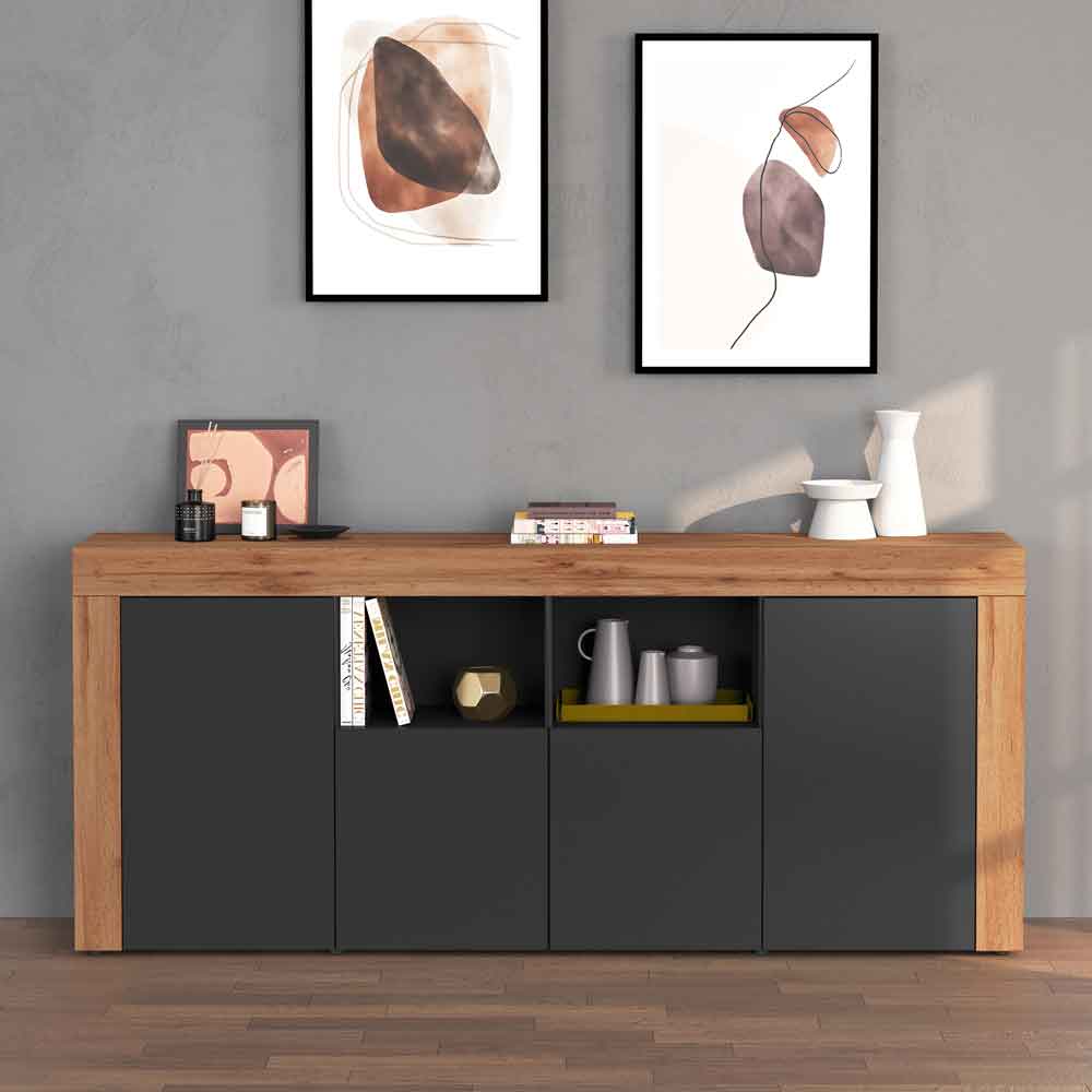 Centennial Large Wooden Storage Cabinet With 4 Doors In Anthracite And Wotan Oak