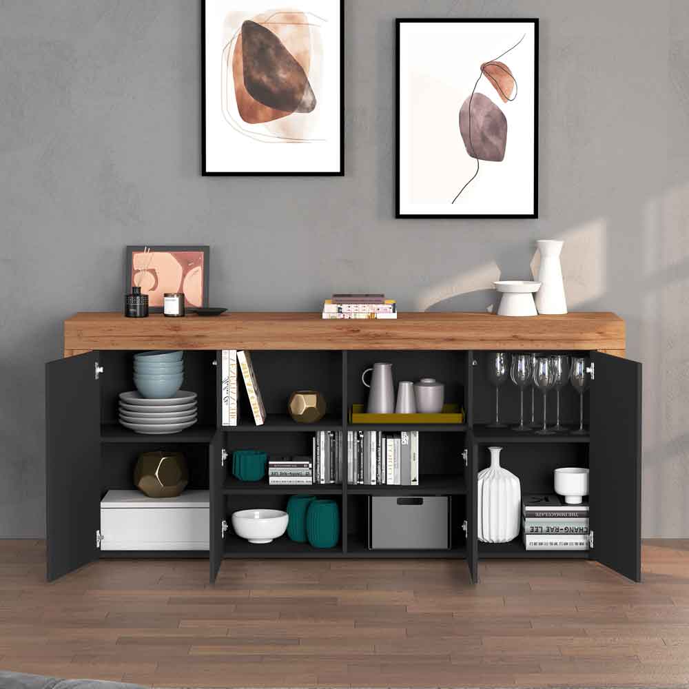 Centennial Large Wooden Storage Cabinet With 4 Doors In Anthracite And Wotan Oak