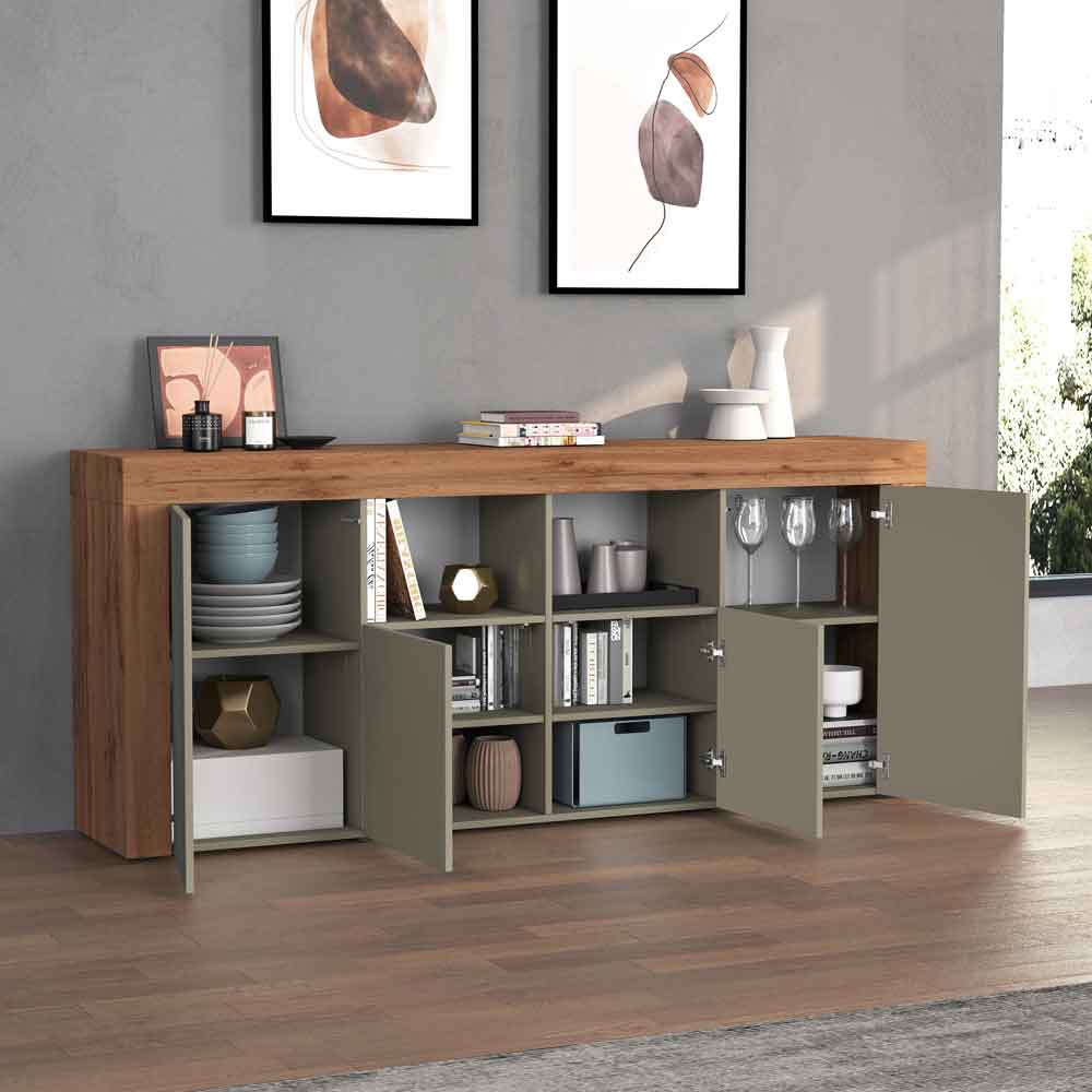 Centennial Large Wooden Storage Cabinet With 4 Doors In Taupe And Wotan Oak