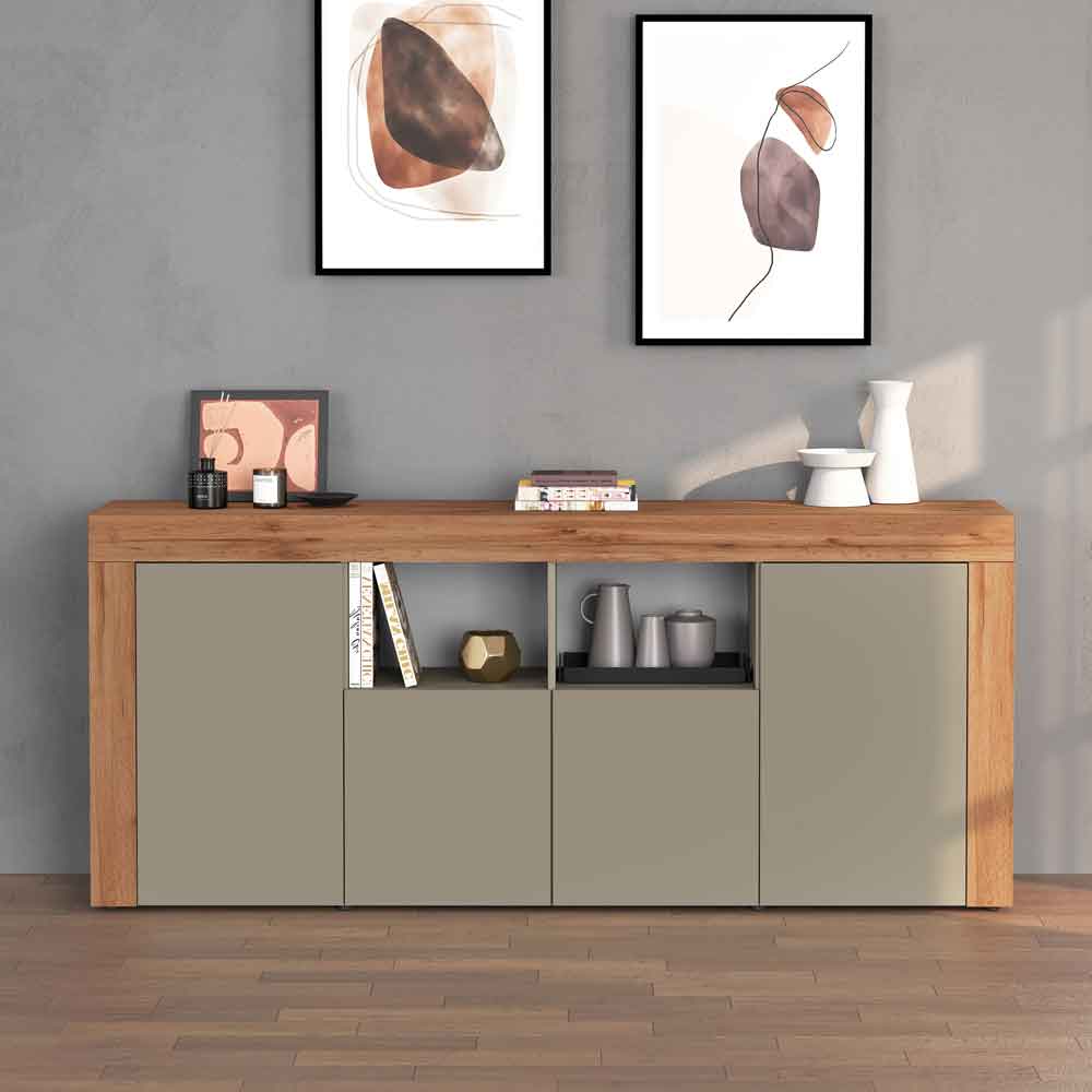 Centennial Large Wooden Storage Cabinet With 4 Doors In Taupe And Wotan Oak