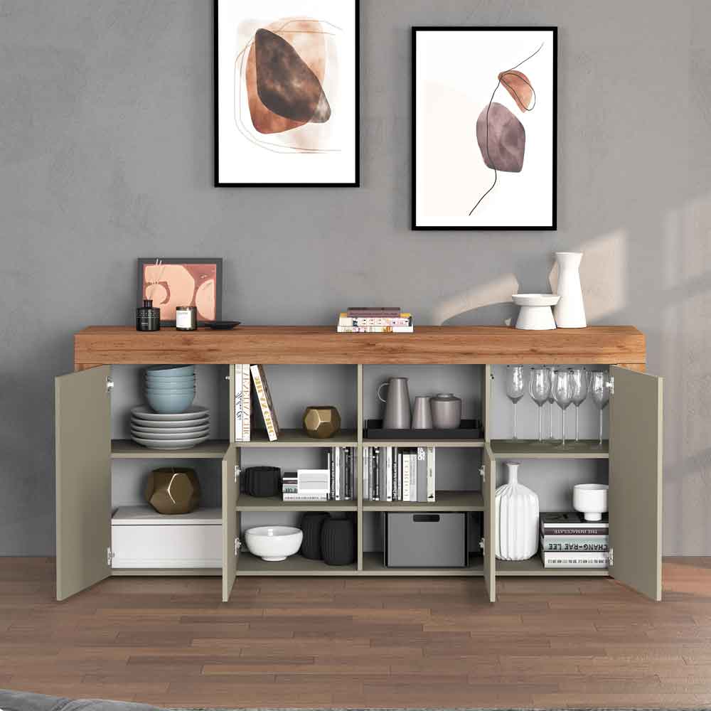 Centennial Large Wooden Storage Cabinet With 4 Doors In Taupe And Wotan Oak