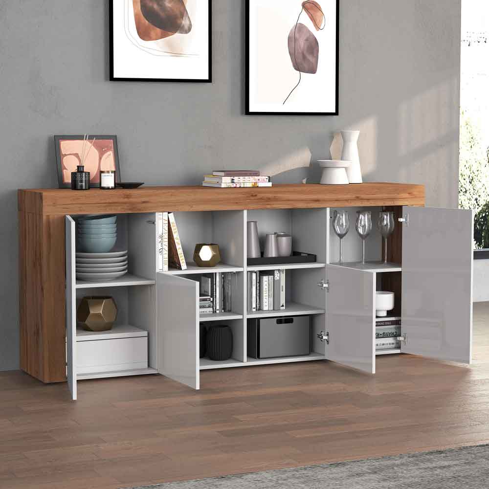 Centennial Large Wooden Storage Cabinet With Glossy White 4 Doors In Wotan Oak