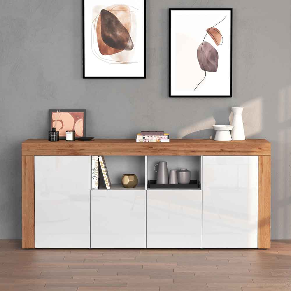 Centennial Large Wooden Storage Cabinet With Glossy White 4 Doors In Wotan Oak