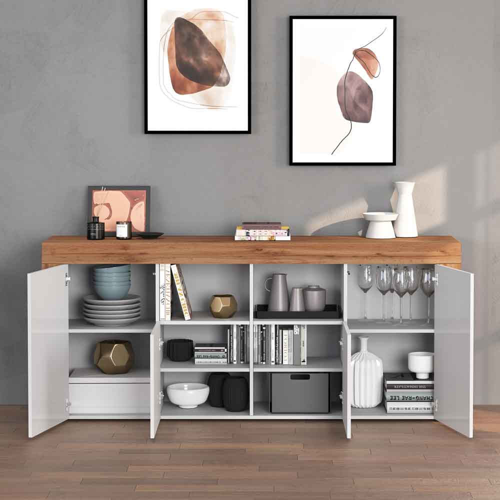 Centennial Large Wooden Storage Cabinet With Glossy White 4 Doors In Wotan Oak