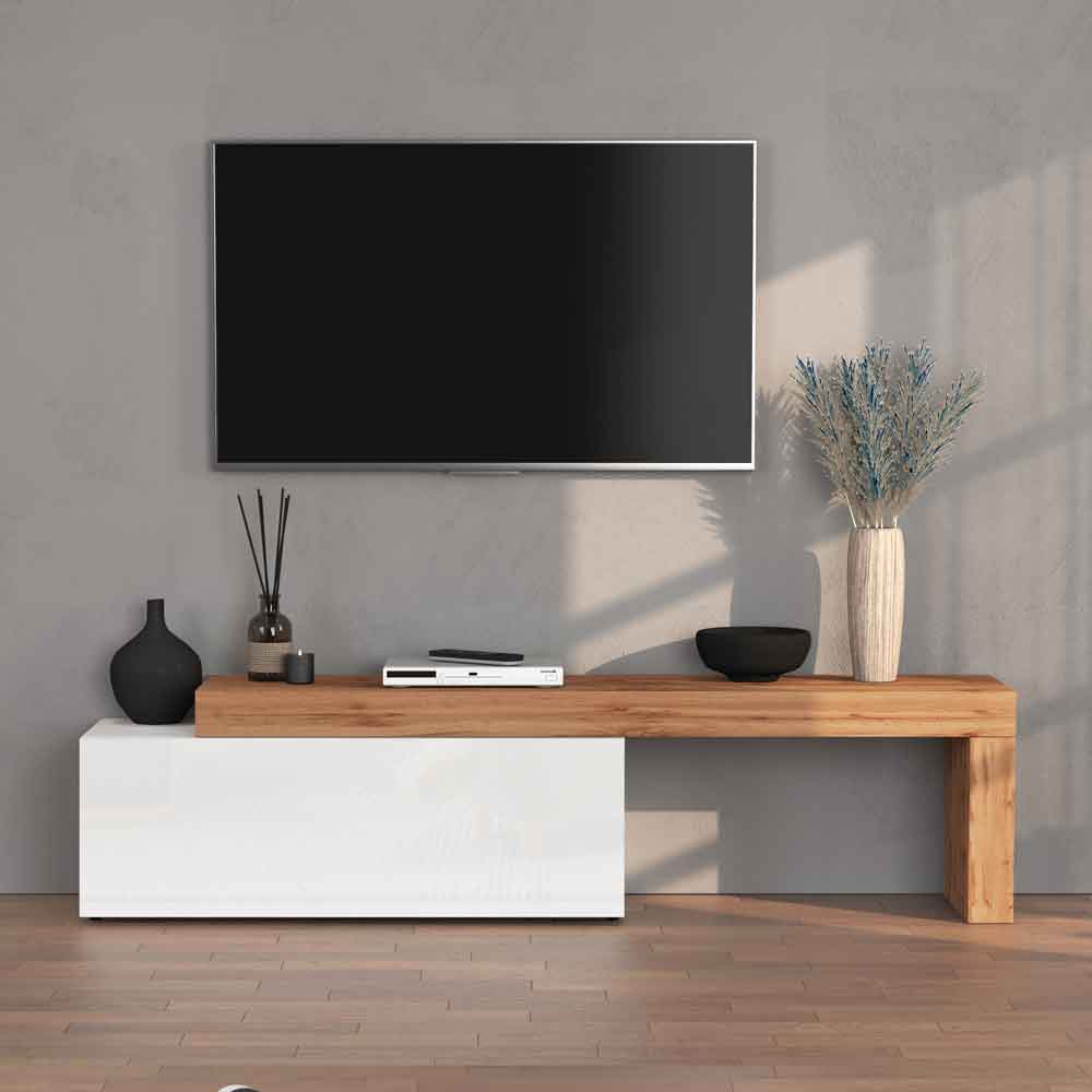 Centennial Medium High Gloss Adjustable TV Stand With 1 Flap Door In White And Wotan Oak