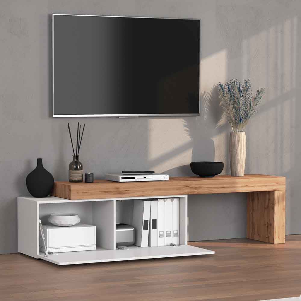 Centennial Medium High Gloss Adjustable TV Stand With 1 Flap Door In White And Wotan Oak