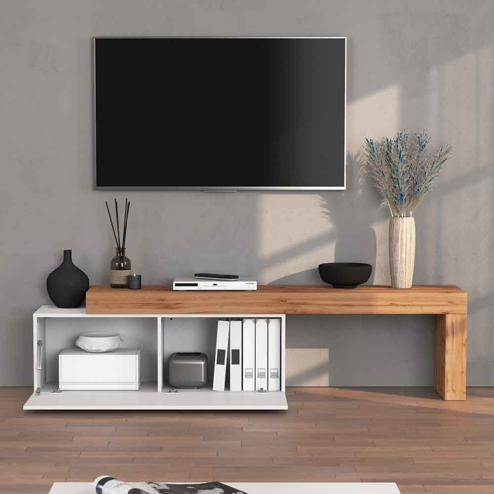 Centennial Medium High Gloss Adjustable TV Stand With 1 Flap Door In White And Wotan Oak