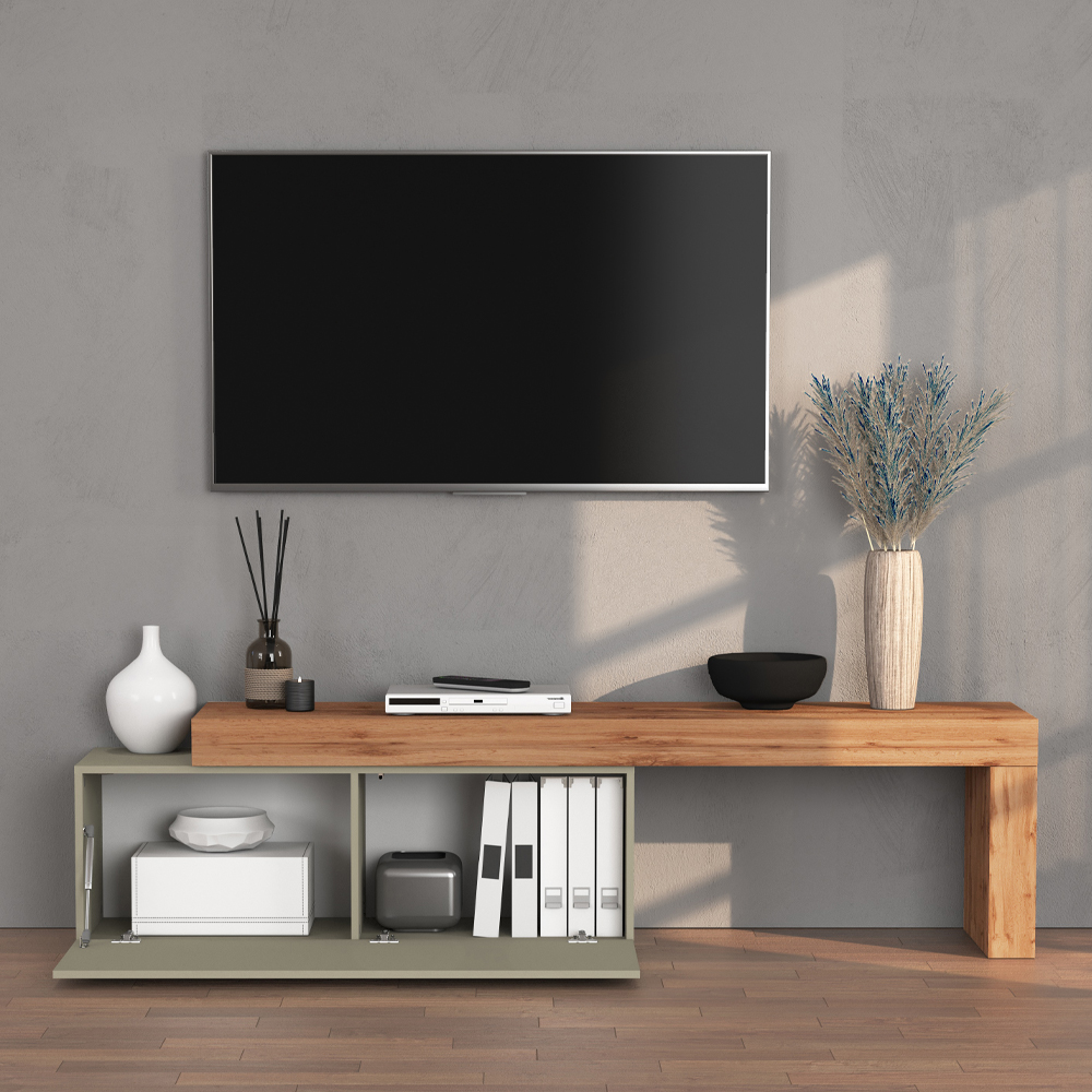 Centennial Medium Wooden Adjustable TV Stand With 1 Flap Door In Taupe And Wotan Oak