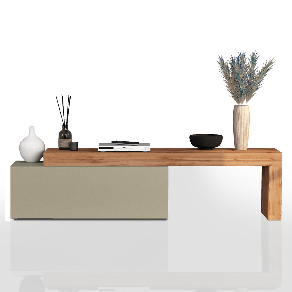 Centennial Medium Wooden Adjustable TV Stand With 1 Flap Door In Taupe And Wotan Oak