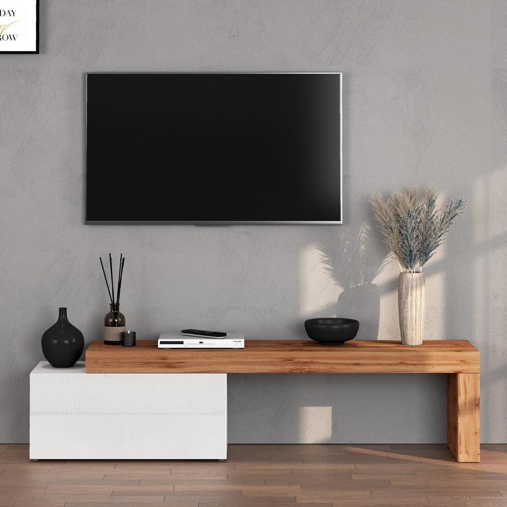 Centennial Small High Gloss Adjustable TV Stand With 1 Flap Door In White And Wotan Oak
