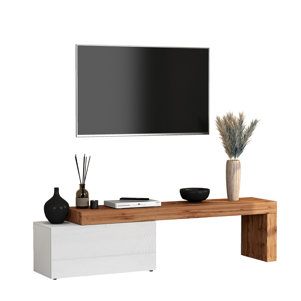 Centennial Small High Gloss Adjustable TV Stand With 1 Flap Door In White And Wotan Oak