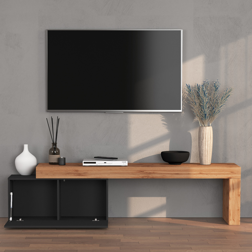 Centennial Small Wooden Adjustable TV Stand With 1 Flap Door In Matte Anthracite And Wotan Oak