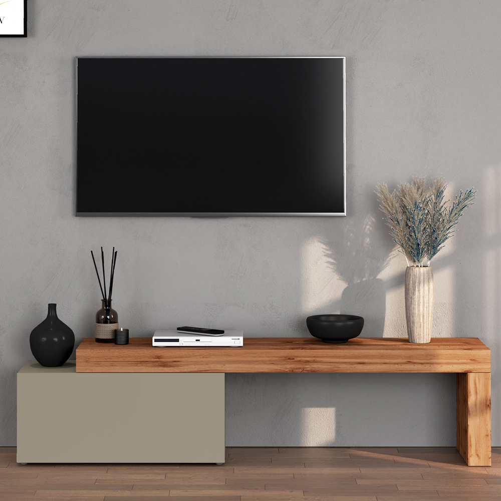 Centennial Small Wooden Adjustable TV Stand With 1 Flap Door In Taupe And Wotan Oak