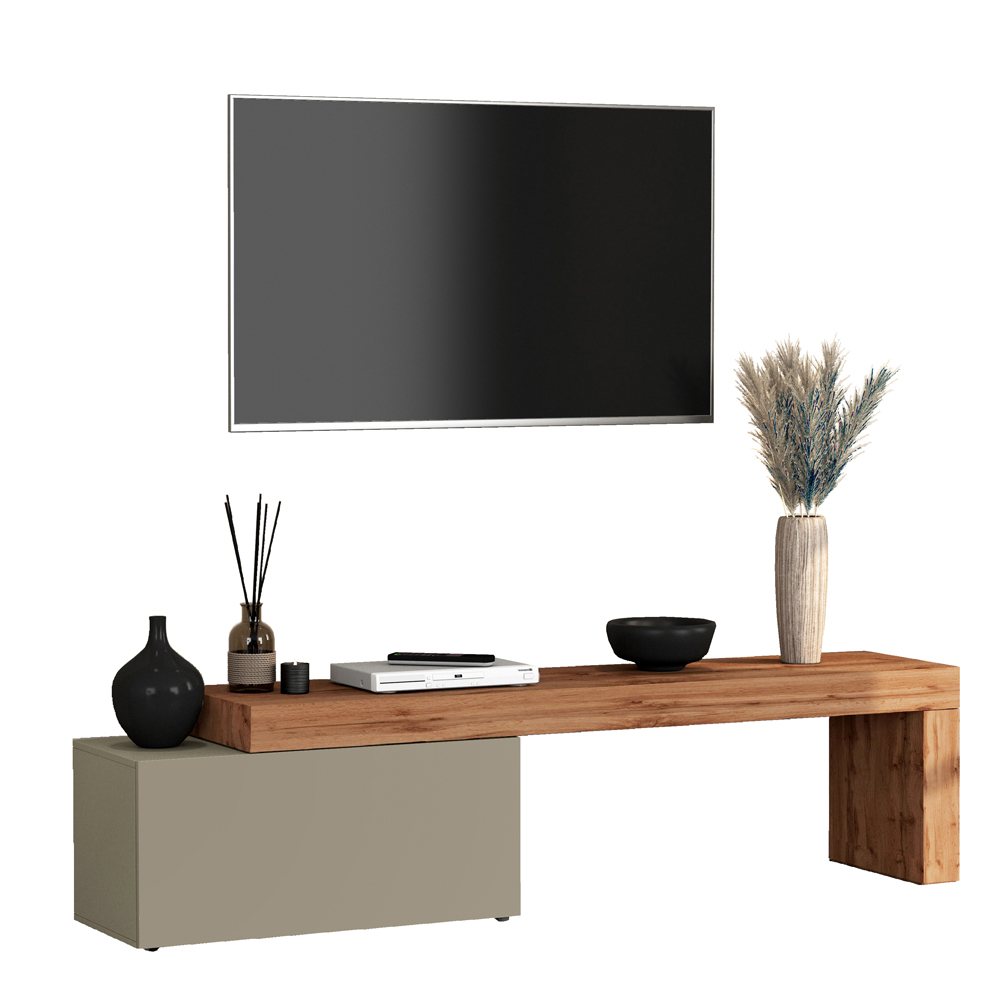 Centennial Small Wooden Adjustable TV Stand With 1 Flap Door In Taupe And Wotan Oak