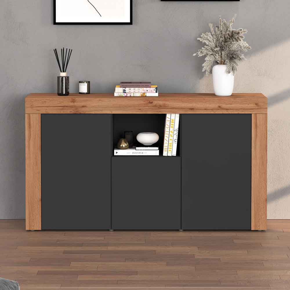 Centennial Wooden Storage Cabinet With 3 Doors In Matte Anthracite And Wotan Oak
