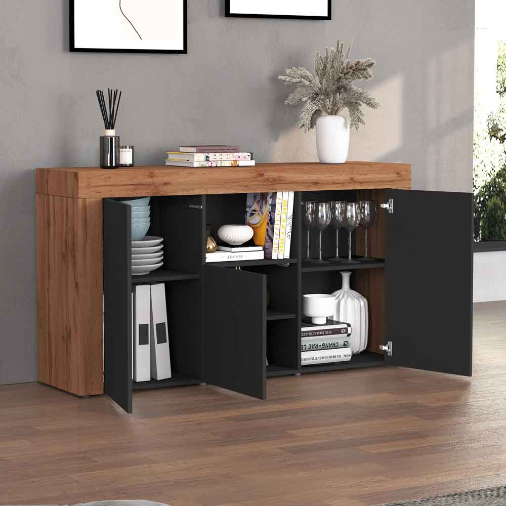 Centennial Wooden Storage Cabinet With 3 Doors In Matte Anthracite And Wotan Oak