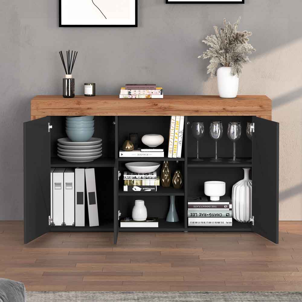 Centennial Wooden Storage Cabinet With 3 Doors In Matte Anthracite And Wotan Oak