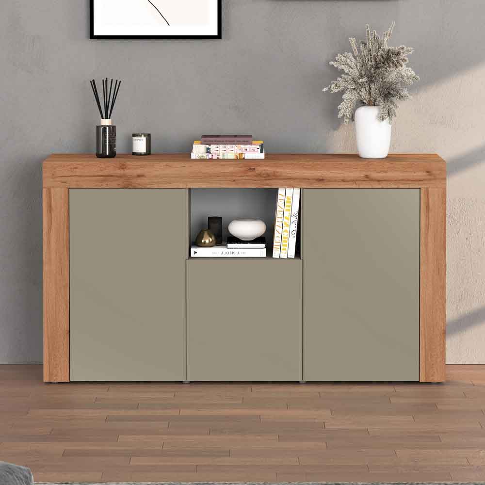 Centennial Wooden Storage Cabinet With 3 Doors In Taupe And Wotan Oak