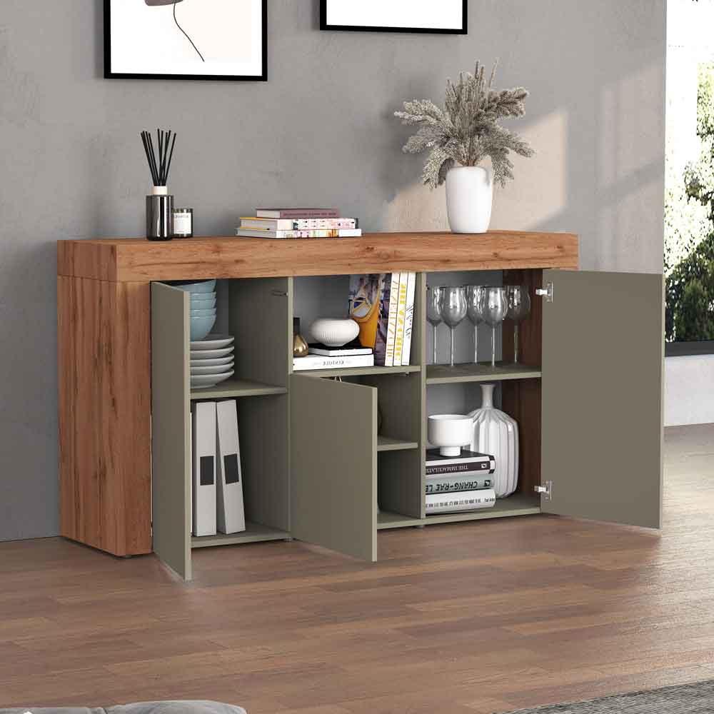 Centennial Wooden Storage Cabinet With 3 Doors In Taupe And Wotan Oak