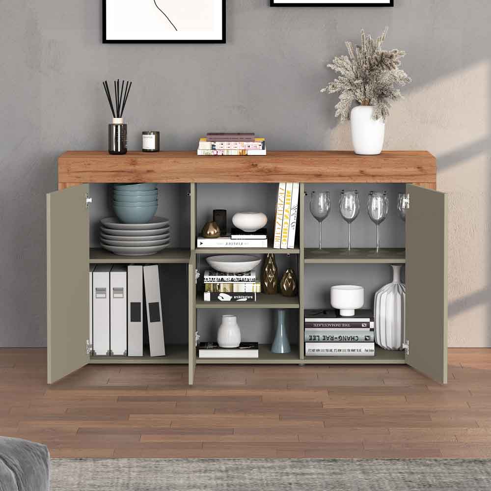 Centennial Wooden Storage Cabinet With 3 Doors In Taupe And Wotan Oak