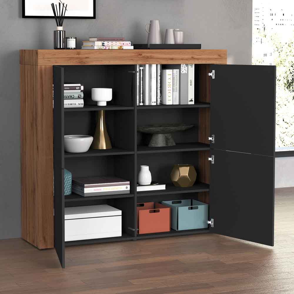 Centennial Small Wooden Storage Cabinet With 4 Doors In Matte Anthracite And Wotan Oak